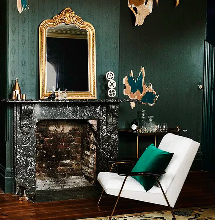 Green eclectic and moody sitting room