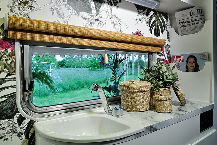 Floral interior of a vintage caravan