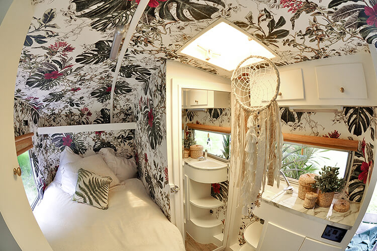 Interior of a renovated vintage caravan