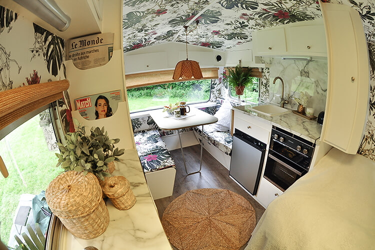 Interior of a renovated vintage caravan