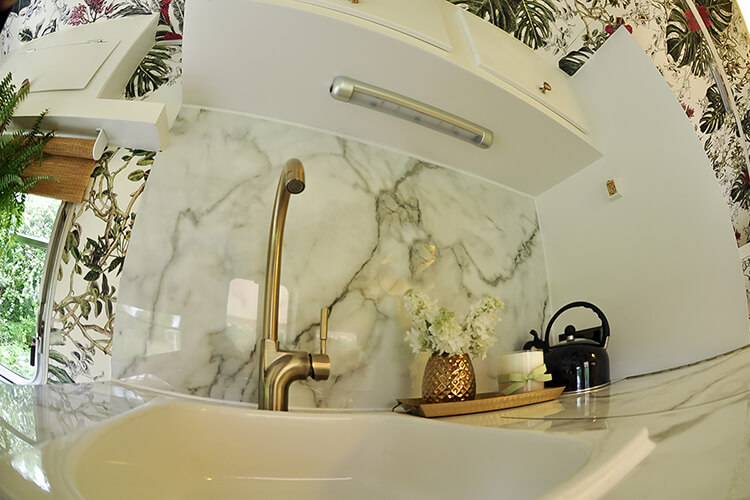 Marble backsplash in a vintage caravan