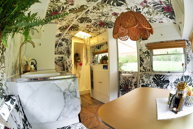Renovated interior of a vintage caravan