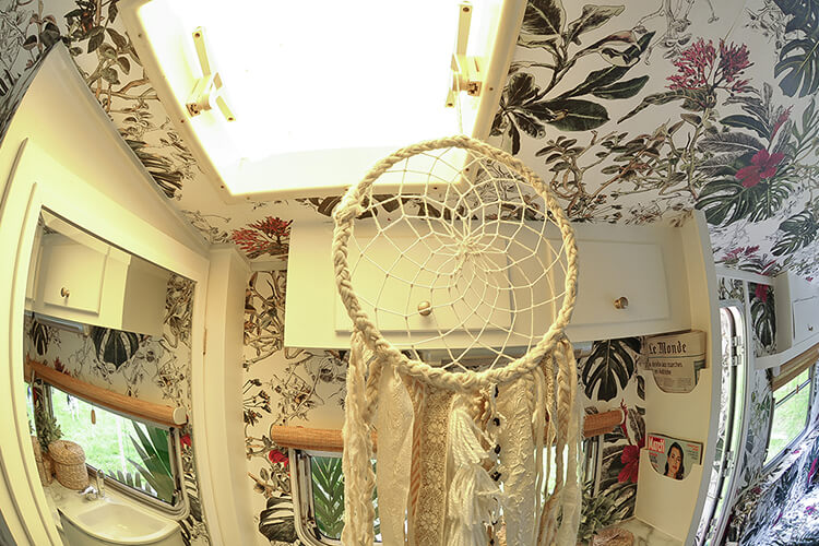 Wallpapered Interior of a vintage caravan